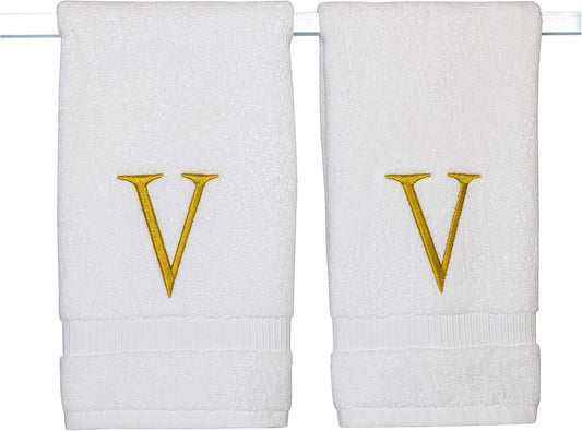 Monogrammed Hand Towels for Bathroom - Luxury Hotel Quality Personalized Initial Decorative Embroidered Bath Towel for Powder Room, Spa - GOTS Organic Certified - Set of 2 Gold Letter V