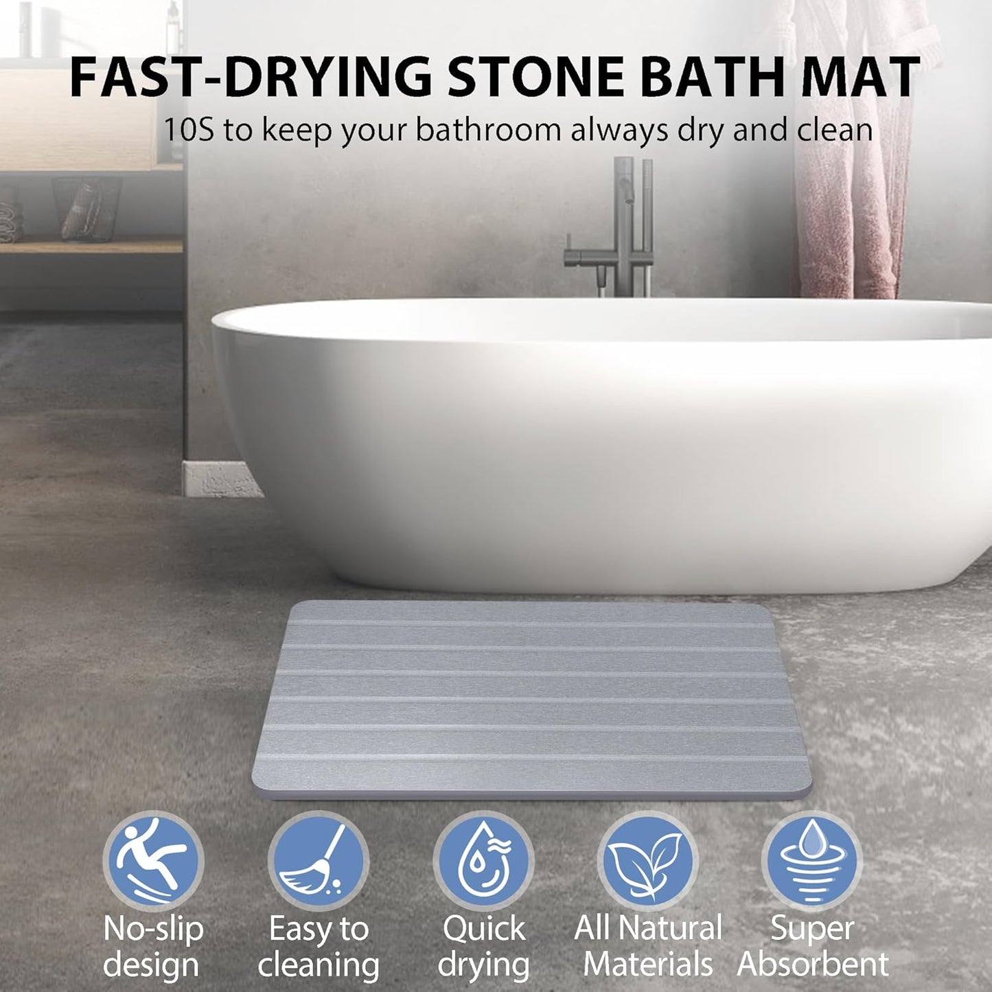 Absorbent Stone Bath Mat, Diatomaceous Earth Shower Mats, Non-Slip Water Absorbing Diatomite Stone Mat for Bathroom Floor, Quick-Drying Easy to Clean (23" x 16" Gray)