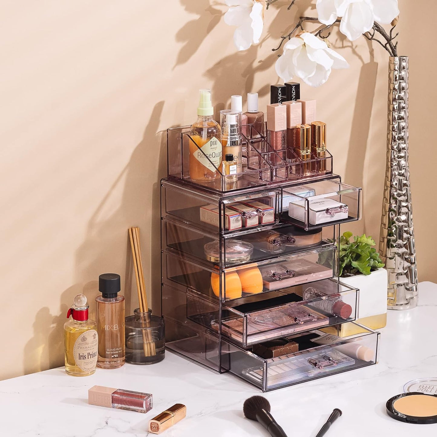 Sorbus Clear Cosmetic Makeup Organizer - Make Up & Jewelry Storage, Case & Display - Spacious Design - Great Holder for Dresser, Bathroom, Vanity & Countertop (4 Large, 2 Small Drawers) [Purple]