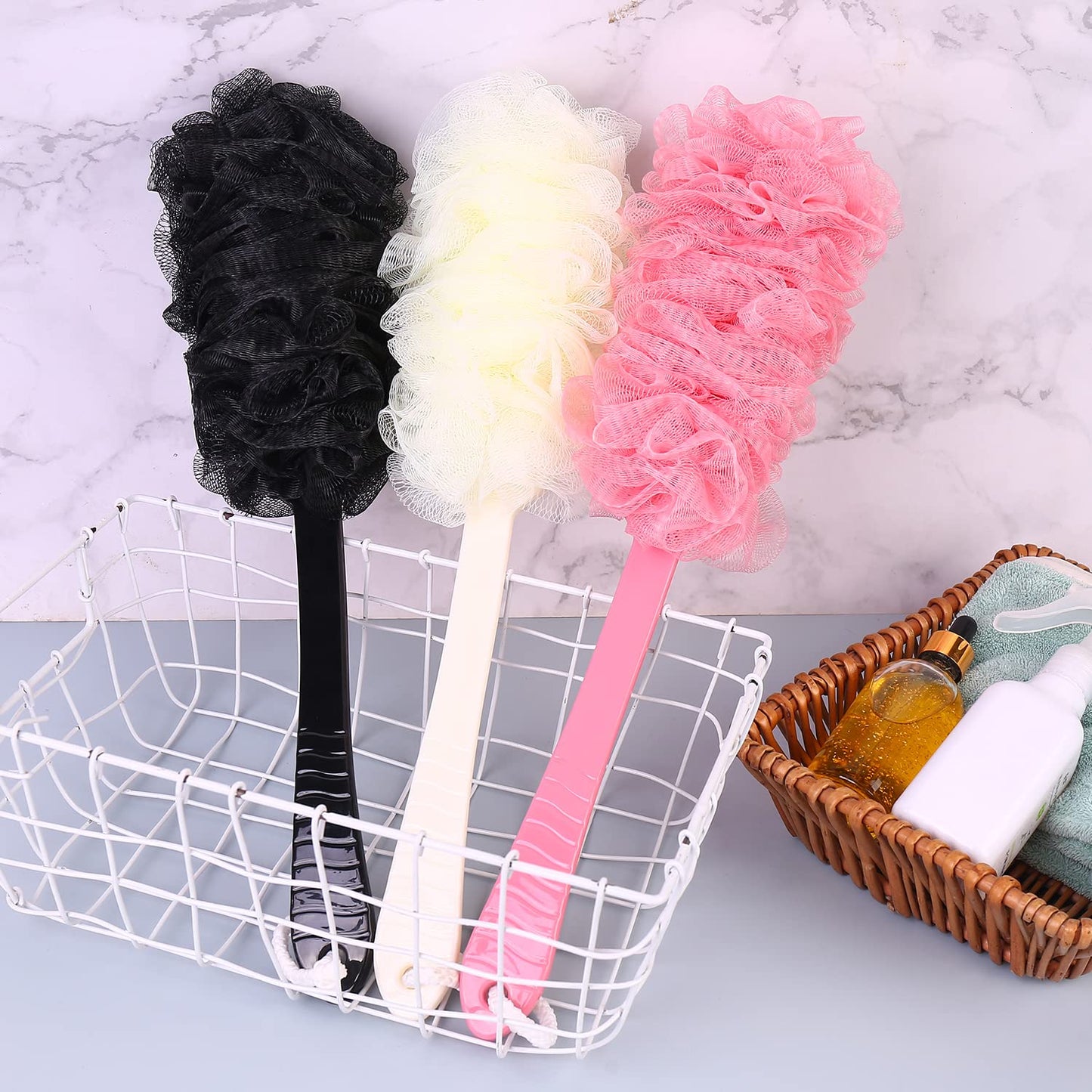 Back Scrubber Brush Long Handle for Shower, Loofah On a Stick Sponge Back Brush, Body Exfoliator Scrubber Bath Brush for Men Women, Exfoliating Cleaning Back Scrubber for Elderly (2 Pack-Black+Purple)