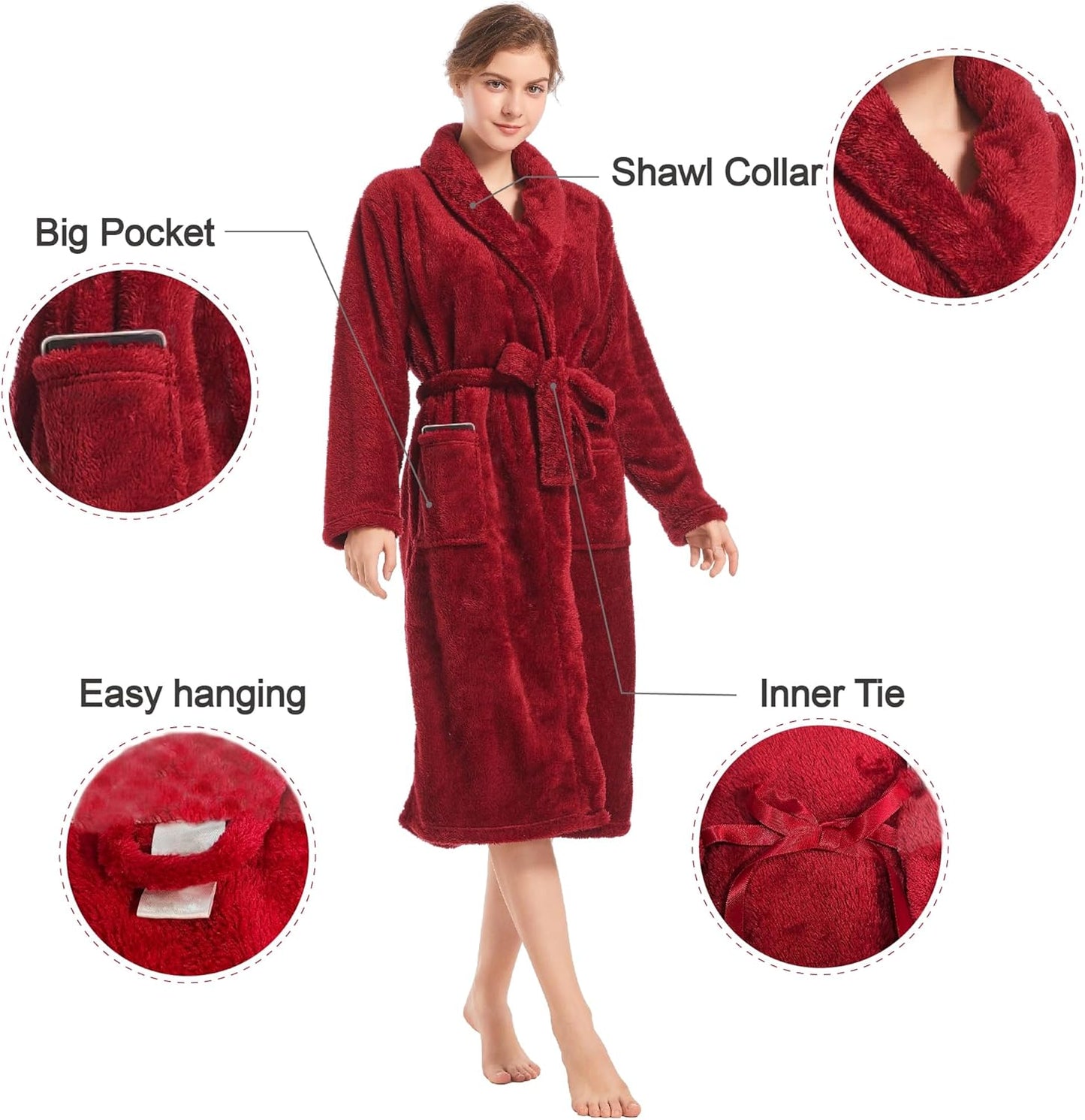 Inner Wish Womens Plush Fleece Robe, Cozy Warm Bathrobe Fuzzy Female Spa Robe With Pockets
