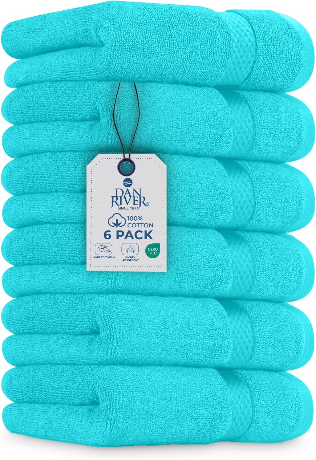 DAN RIVER 6-Pack Premium Hand Towels (16x28 Inches) - 100% Cotton, Ultra Soft, Lightweight, Highly Absorbent Towels for Bathroom, Spa, Gym, Salon, Hotel, and Travel - 550 GSM – Turquoise
