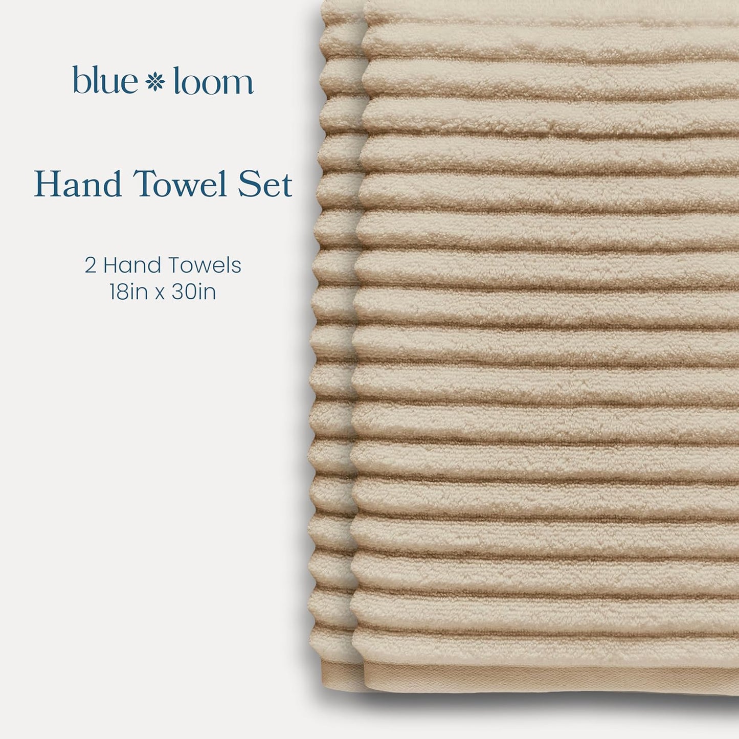 Blue Loom Ribbed Hand 2 Towels Set, 100% Cotton 600GSM, Soft Absorbent Durable Quick Drying for Bathroom - Mason 2 Piece 18" x 30" - Ivory