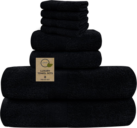 Luxury 8 Piece Towel Set, 2 Bath Towels 2 Hand Towels 4 Washcloths, Towels for Bathroom, Home, Spa & Gym - Highly Absorbent Ultra Soft Quick-Dry (Black)