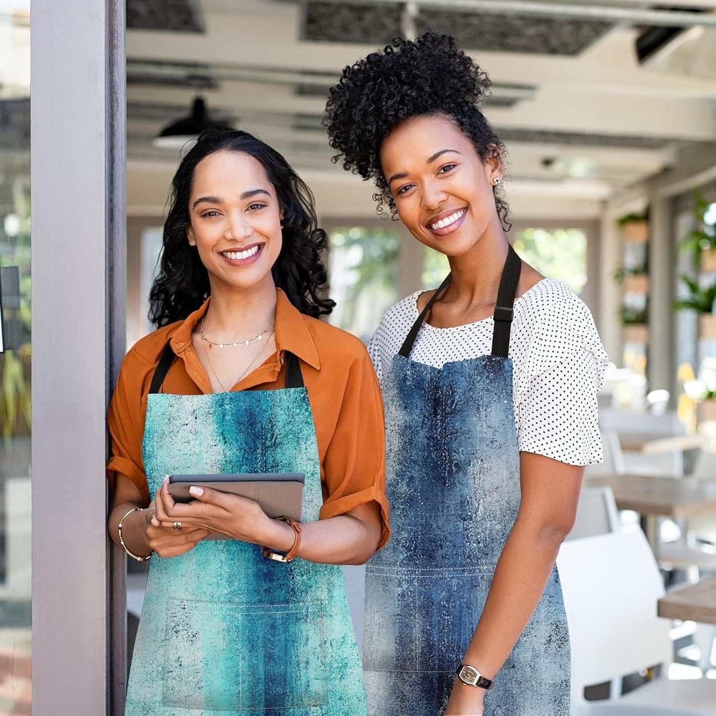 Britimes 2 Pack Aprons, Abstract Oil Paint Adjustable Bib Aprons with 2 Pockets for Women Men Couple Lovers Chef Home Kitchen Cooking Baking Gardening Teal Blue Apron 32x28 Inches