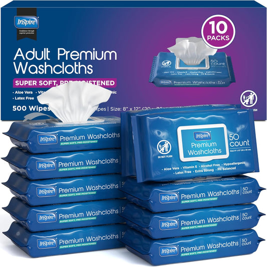 Inspire Adult Wet Wipes, Wash Cloths | Adult Wipes for Incontinence & Cleansing for Elderly, 8"x12" (500CT (10 PACKS OF 50))