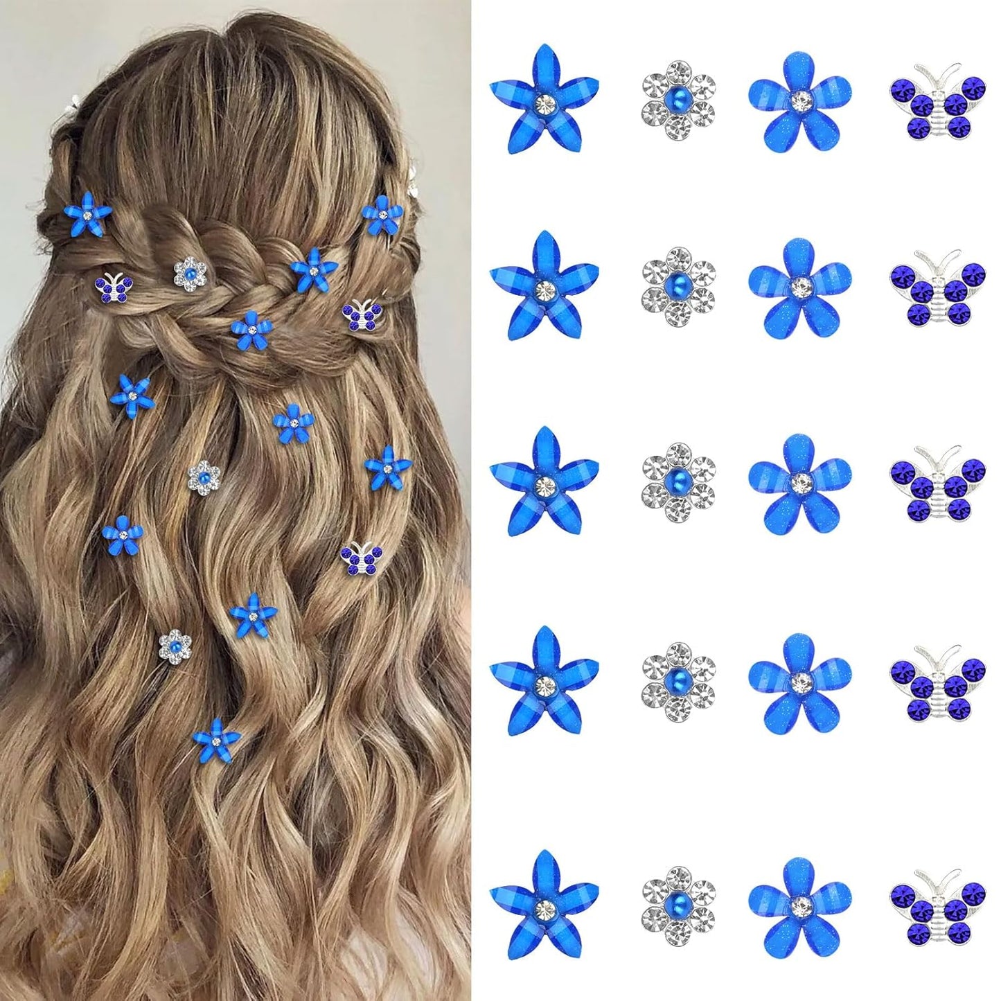YISSION 20 Pcs Mini Dark Blue Floral Butterfly Hair Clips - Rhinestone Hair Pins & Barrettes for Girls & Women - Wedding & Bridal Hair Accessories