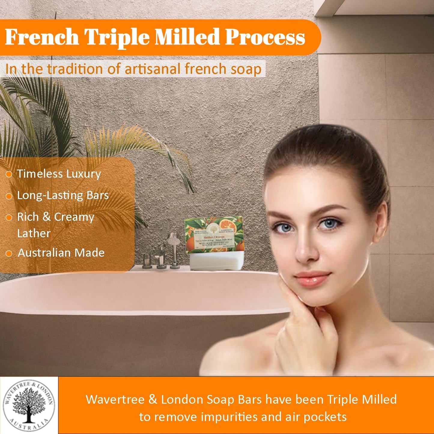 Wavertree & London Sicilian Orange Scented Natural Soap (8 Bars), 7oz Moisturizing French Triple Milled Soap Bars enriched with shea butter - Pure Plant Oil Bath & Body Soap for All Skin Types