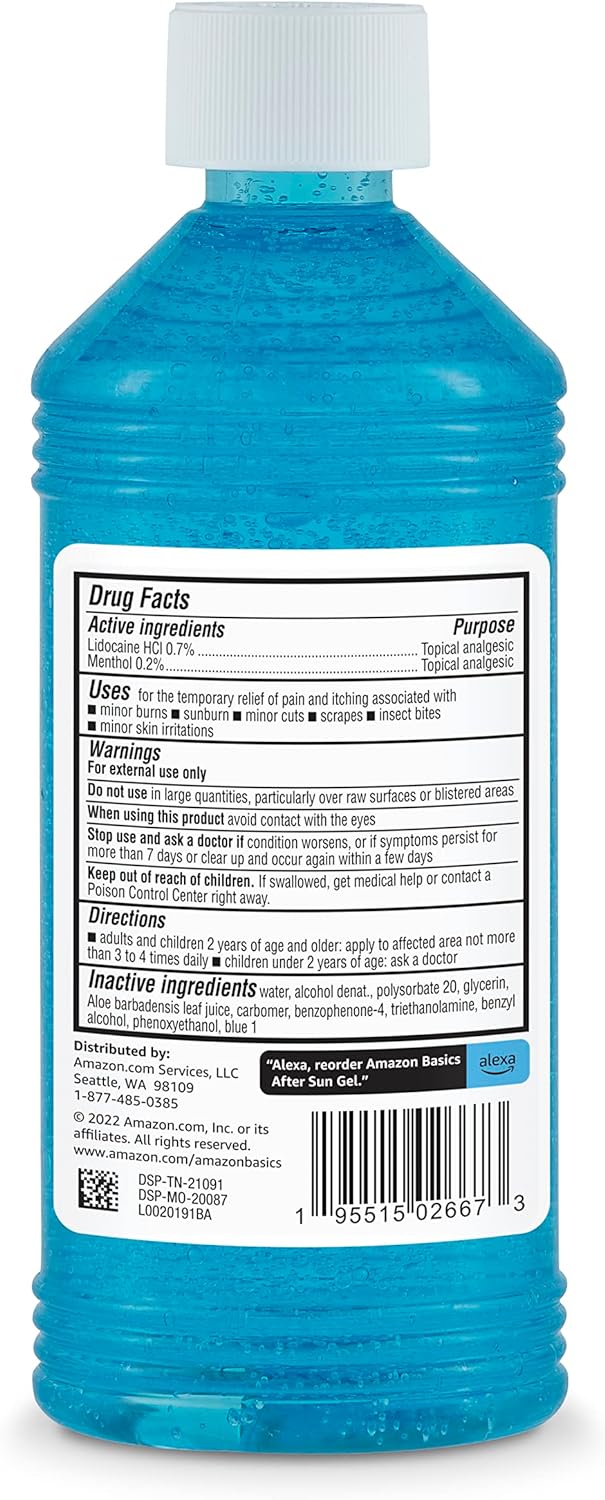 Amazon Brand - Solimo After Sun Gel with Aloe, Lidocaine and Menthol, 16 Fluid Ounce (1 Pack)