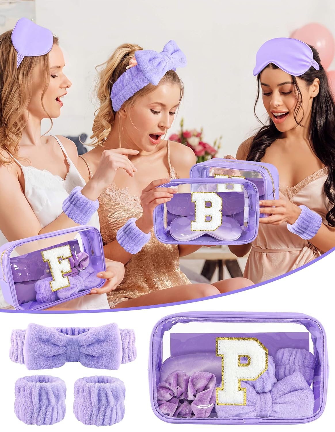Gift Sets for Women, Initial Makeup Bag with Makeup Brush Set Bachelorette Party Favors, Purple Spa Kit with Skincare Headbands Wrist Bands Sleepover Party Supplies Gifts for Teen Girls Bridesmaid P