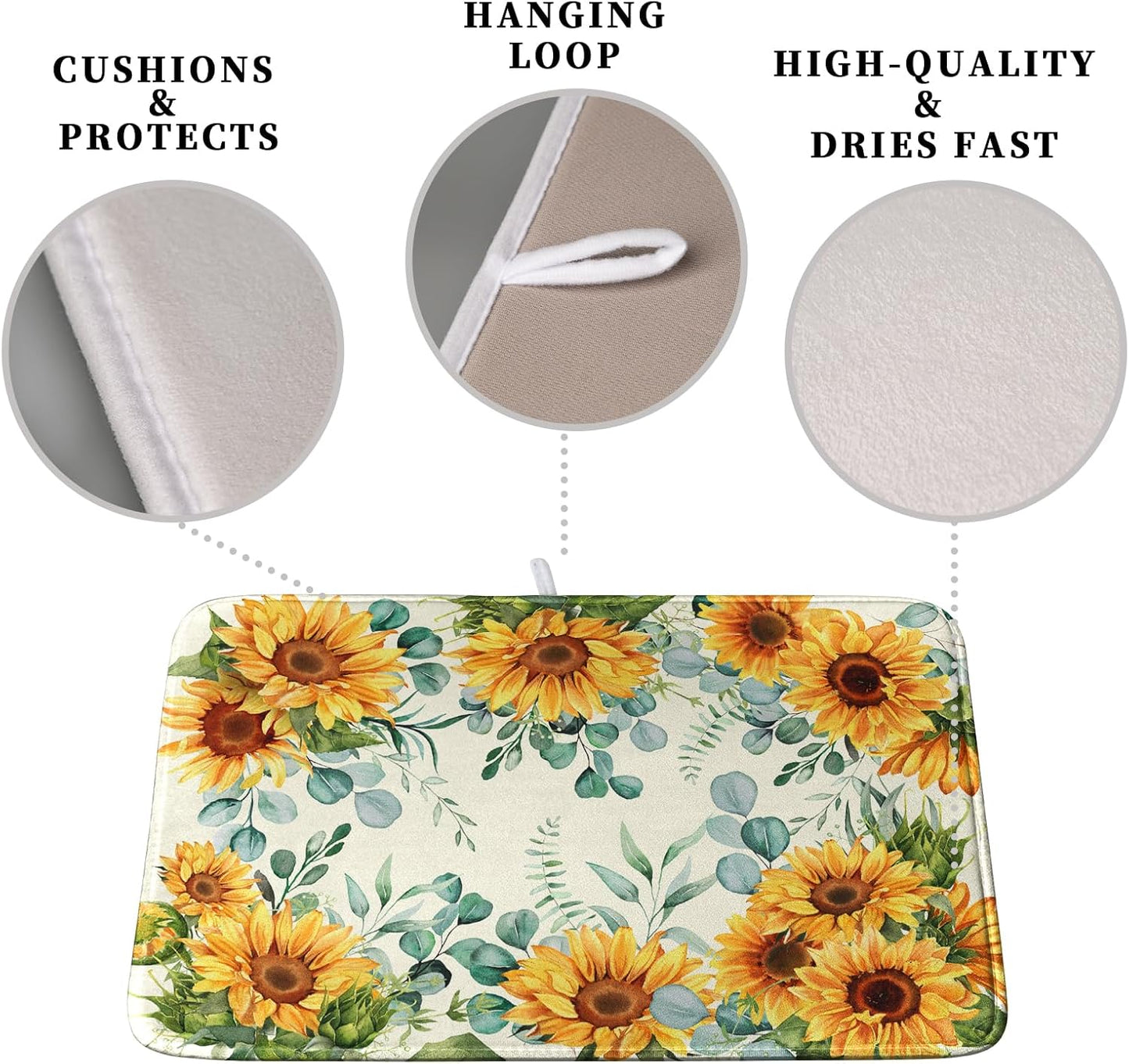 Sunflowers Dish Drying Mat for Kitchen Counter Yellow Flower Green Leaves Dish Draining Mats Spring Summer Floral Dishes Pad Microfiber Absorbent Dish Drainer Rack Mat 16x18 Inch