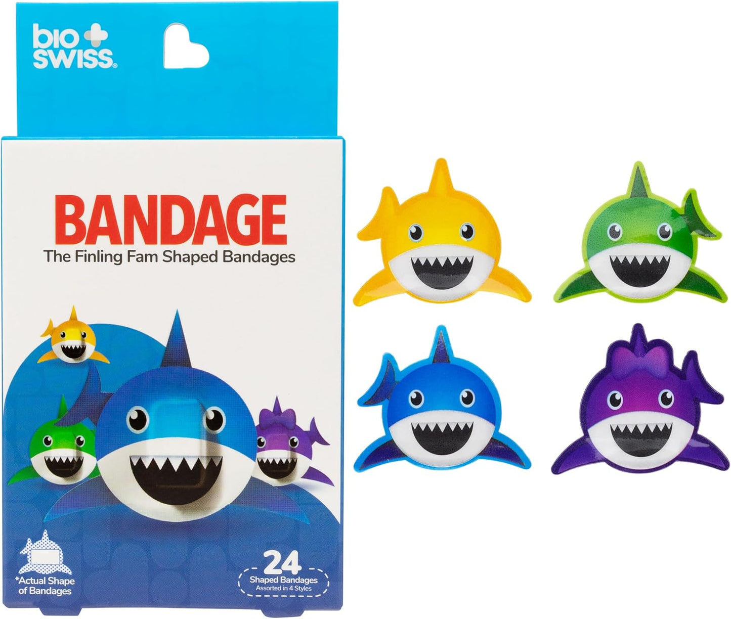 BioSwiss Kids Bandages, Finling Fam Shark Shaped Self Adhesive Bandage Set, Latex Free, Sterile Wound Care, 24 Count