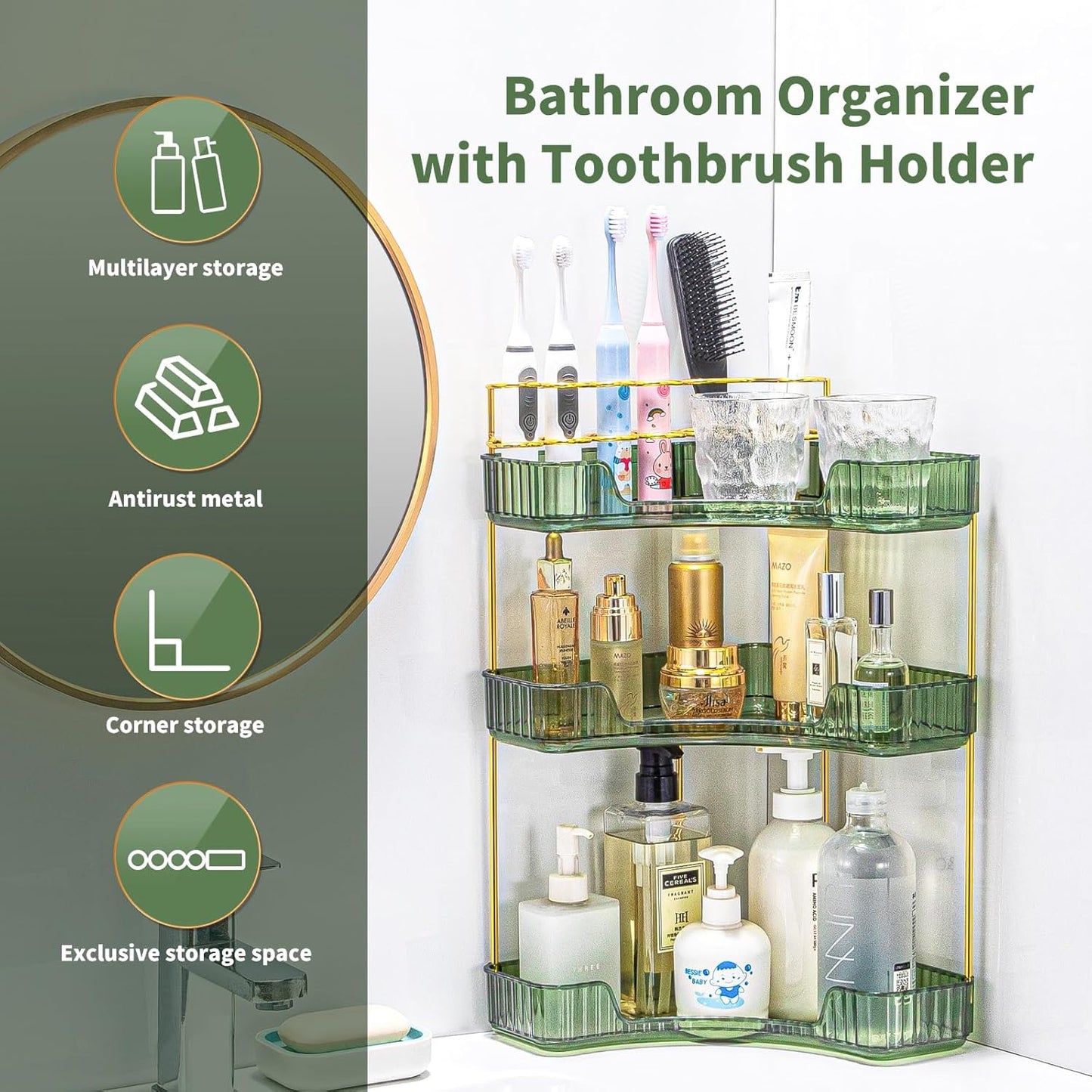 NATURE'S SOURCE Makeup Organizer for Vanity, 3-Tier Corner Bathroom Organizer Countertop with Makeup Brush Holder, Corner Counter Storage for Bathroom Dresser- Green