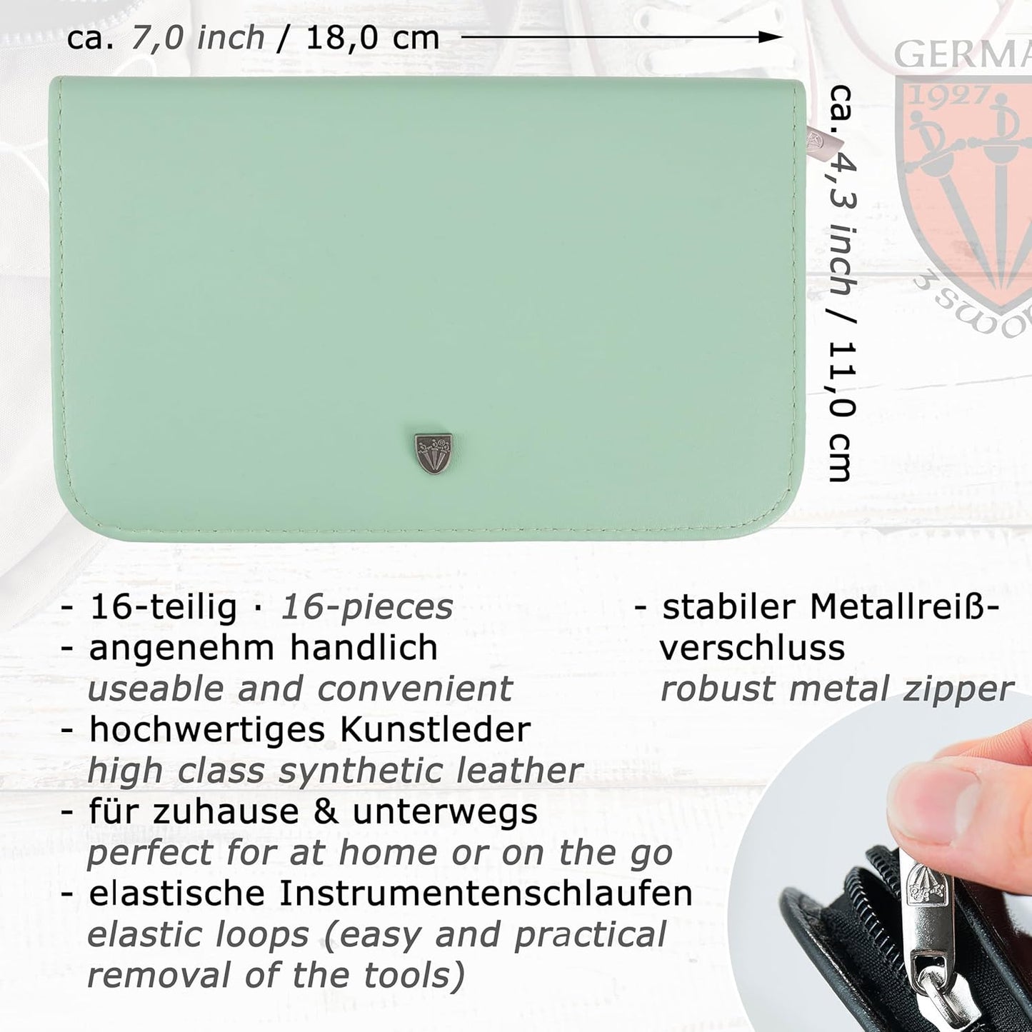 3 Swords Germany - brand quality 16 piece manicure pedicure grooming kit set fashion leather case mint, Made in Germany