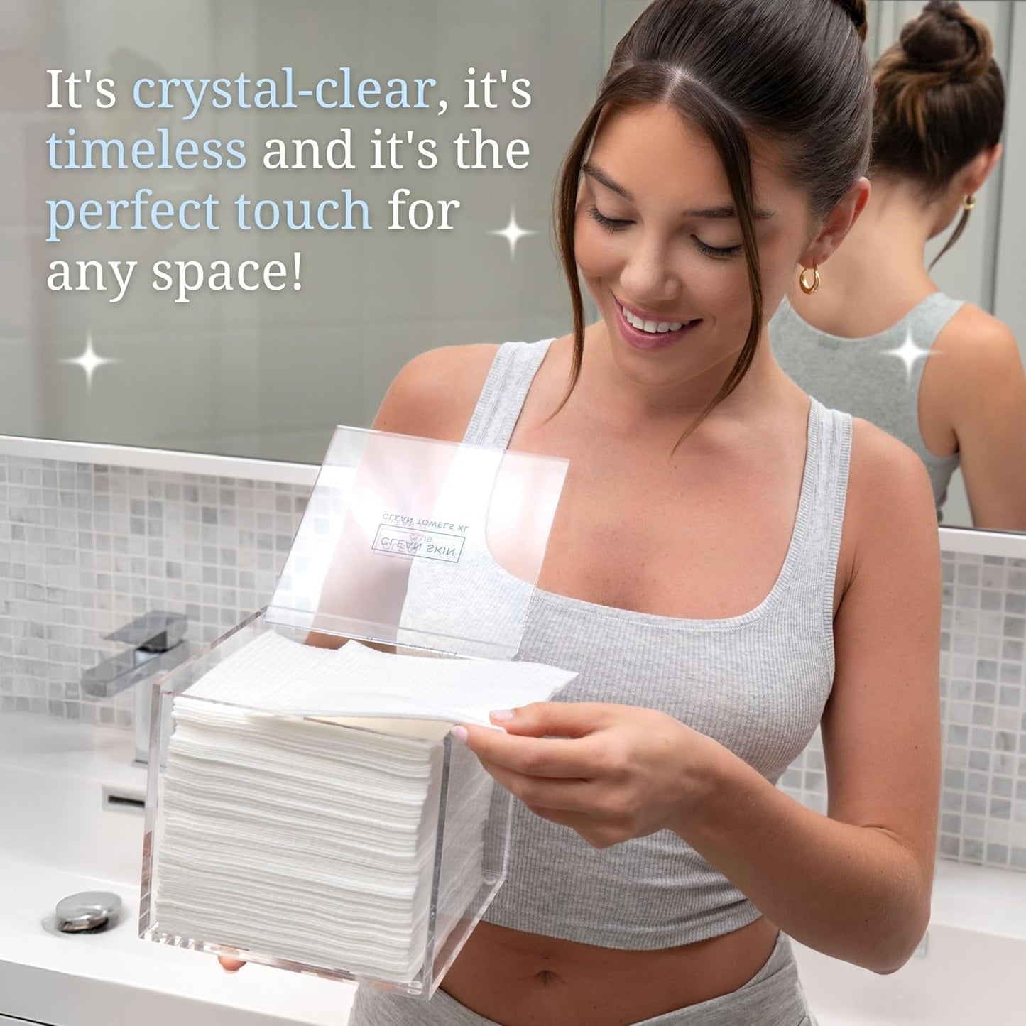 CLEAN SKIN CLUB Clear Acrylic Box for Clean Towels XL (NOT Included), Container For 50 Disposable Clean Towels XL, Face Towelettes Bathroom Counter Storage, Bin for Cleansing Facial Dry Wipes