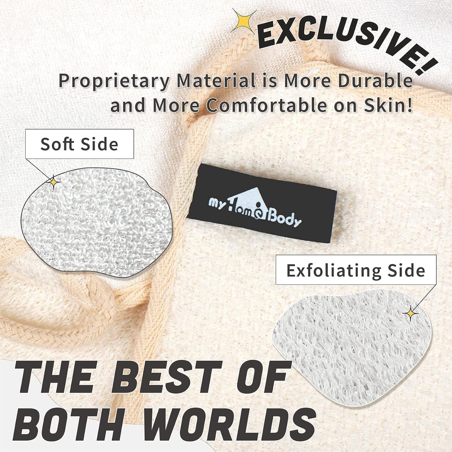 myHomeBody Dual-Textured Exfoliating Washcloth with Soft and Scrubbing Side, Body Exfoliation Scrubber for Bath, Shower, Durable 3 Layer Construction, Ivory, Set of 3