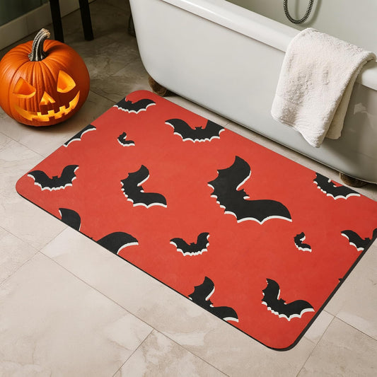 Halloween Bath Mat, Thin Halloween Bathroom Rug Non Slip Quick Dry Bat Bath Mat Fits Under Door Thin Floor Mat Halloween Decor, 24''x36'', Gothic Bats Orange