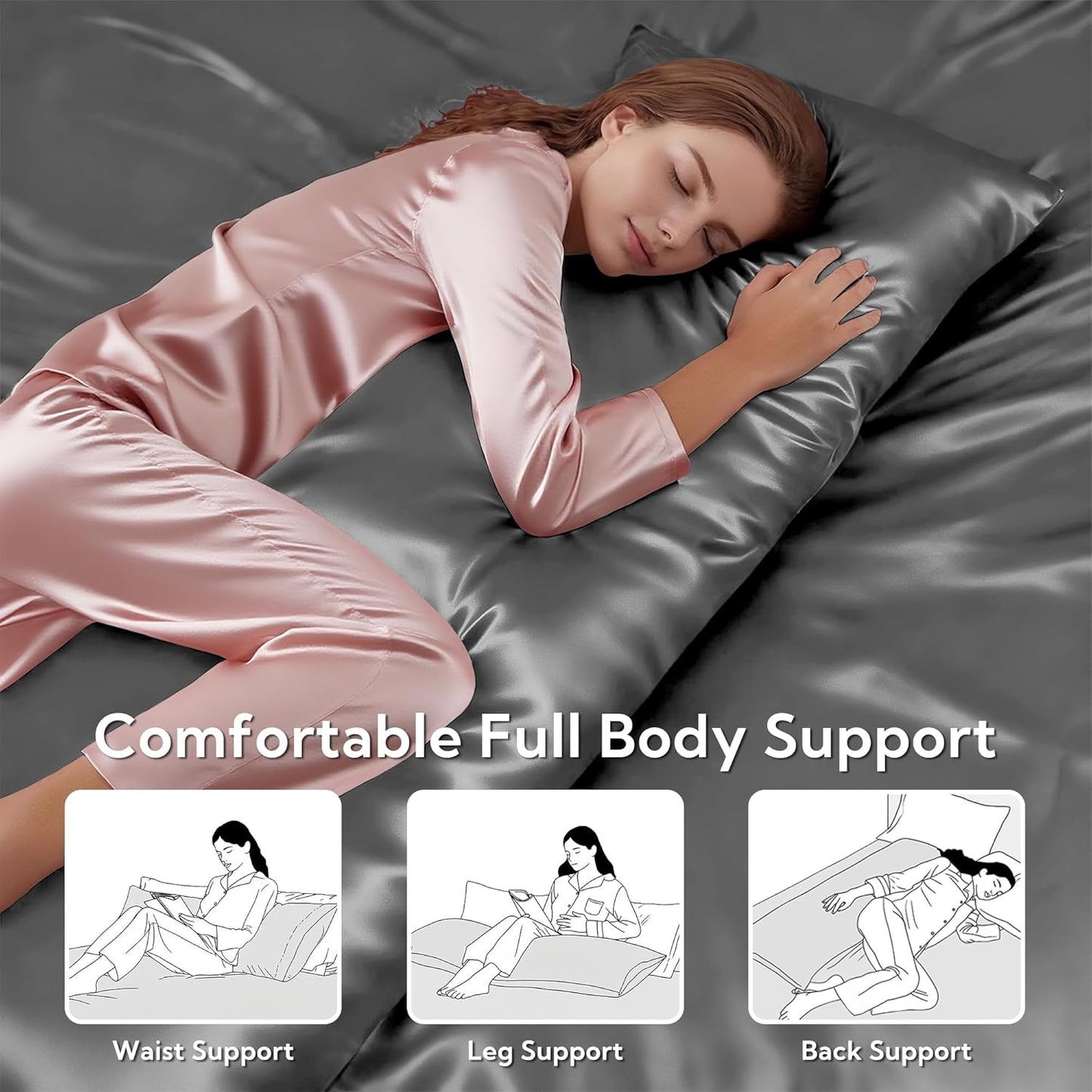 MR&HM Satin Body Pillow Cover, Soft and Breathable Body Pillow Case with Envelope Closure, Cooling and Silky Long Pillowcase for Hair and Skin,Grey (20x54, Dark Grey)