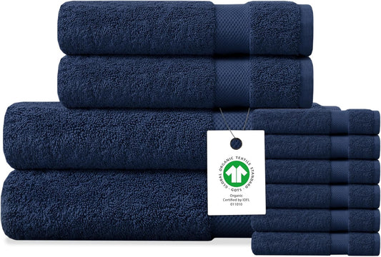 Delara Organic Cotton Luxuriously Plush Bath Towel 10 Piece Set|GOTS & Oeko-TEX Certified|Premium Hotel Quality Towels|Feather Touch Technology|650 GSM Long Staple|Soft, Quick Dry & Ultra-Absorbent