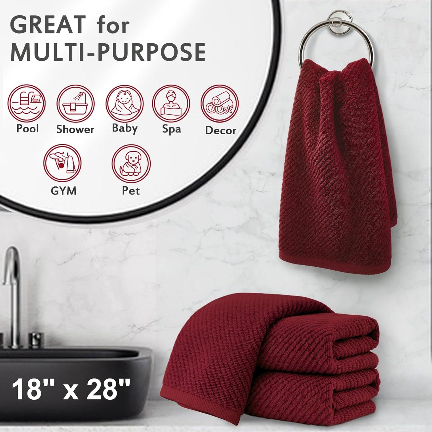 VOOVA & MOVAS Hand Towels for Bathroom Set of 4, Large 18" x 28" - 100% Cotton | Lightweight | Thick | Quick Dry | Soft | Absorbent, Bath Hand Towels for Showering, Bathroom Essentials, Burgundy Red