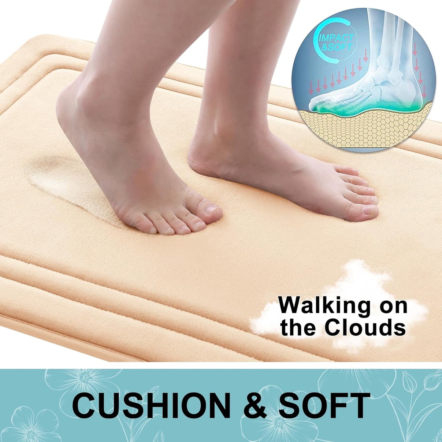 Grandaily Memory Foam Bath Mat Rug 24x16, Ultra Soft, Non-Slip and Absorbent Bathroom Rugs, Machine Wash Dry, Comfortable Bath Carpet for Bathroom Floor, Tub and Shower, Beige