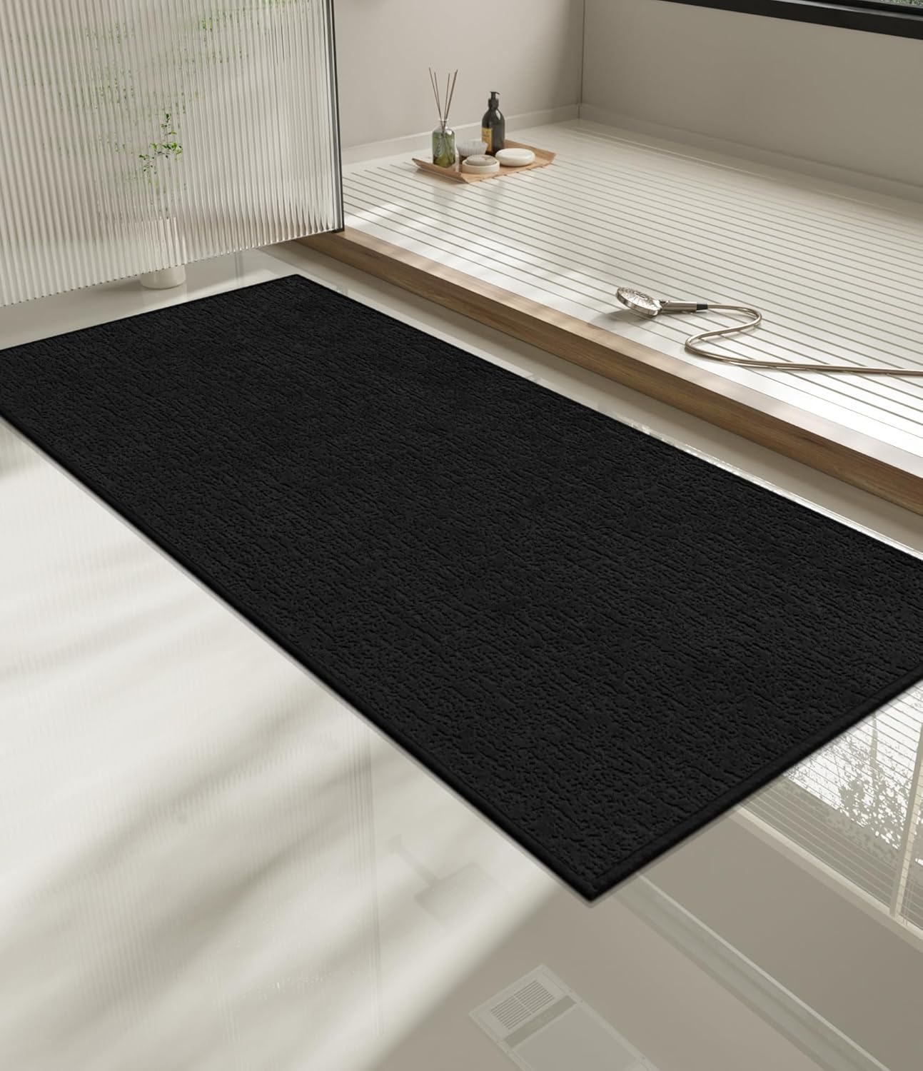 chakme Bathroom Rugs Mat 59x24, Ultra Thin Non Slip Bath Mat Quick Dry Absorbent Bath Mat for Bathroom Floor, (Black, 59"x24")