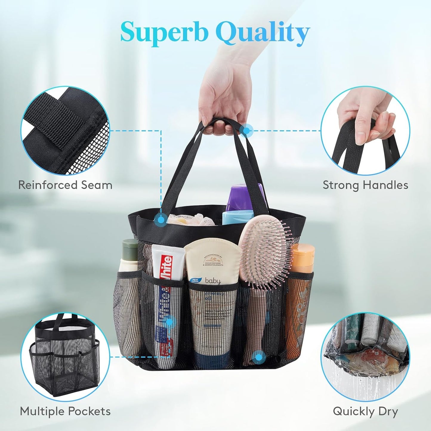 Lifewit Mesh Shower Caddy Freestanding Portable Shower Tote Bag for College Dorm, Bathroom, Gym, Travel, Quick Dry Hanging Organizer with 7 Storage Pockets for Toiletry Essentials, Medium,Black