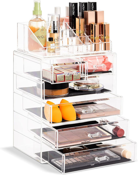 Sorbus Acrylic Makeup Organizer Set, 6-Drawer Vanity & Countertop Cosmetic Storage with Small & Wide Compartments, Clear Makeup Storage for Brushes, Lipsticks, Jewelry – Holiday Gift for Women & Teens
