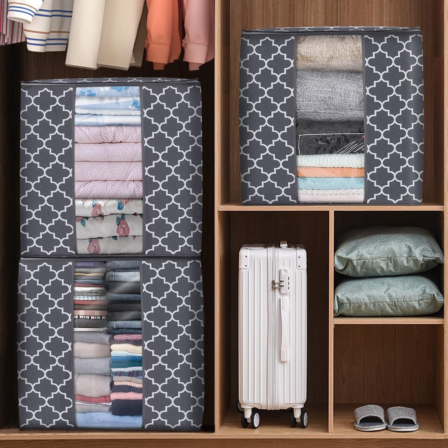 WISELIFE Storage Bags 6 Pack/100L Large Blanket Clothes Organization and Storage Containers for Comforters,Bedding, Foldable Organizer with Reinforced Handle, Clear Window, Sturdy Zippers,Gray