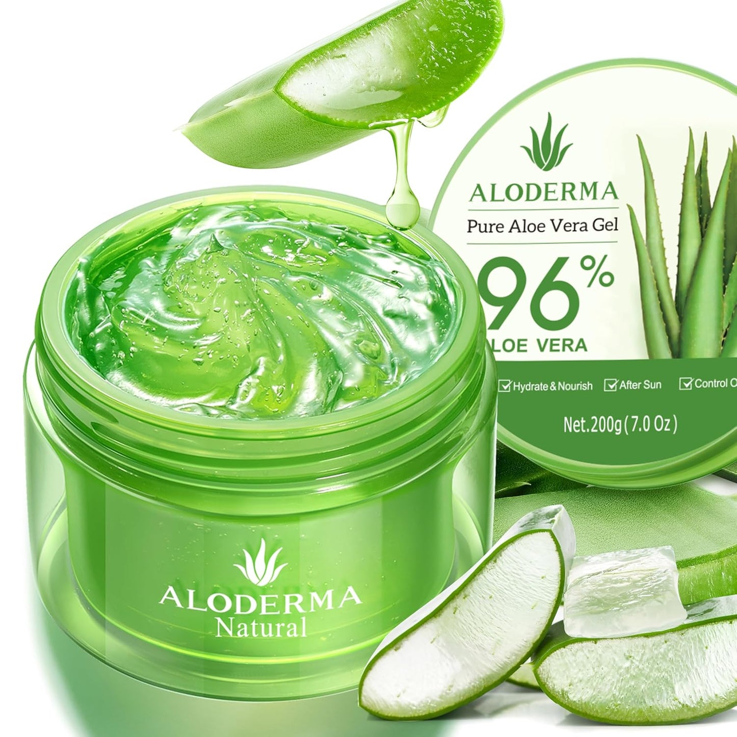 Aloderma Organic Aloe Vera Gel for Face & Body, 96% Pure Aloe Gel Made within 12 Hours of Harvest, Ideal for Skin, Scalp, & Hair Hydration, Calming Moisturizer for Soothing After Sun Care, 7.05oz