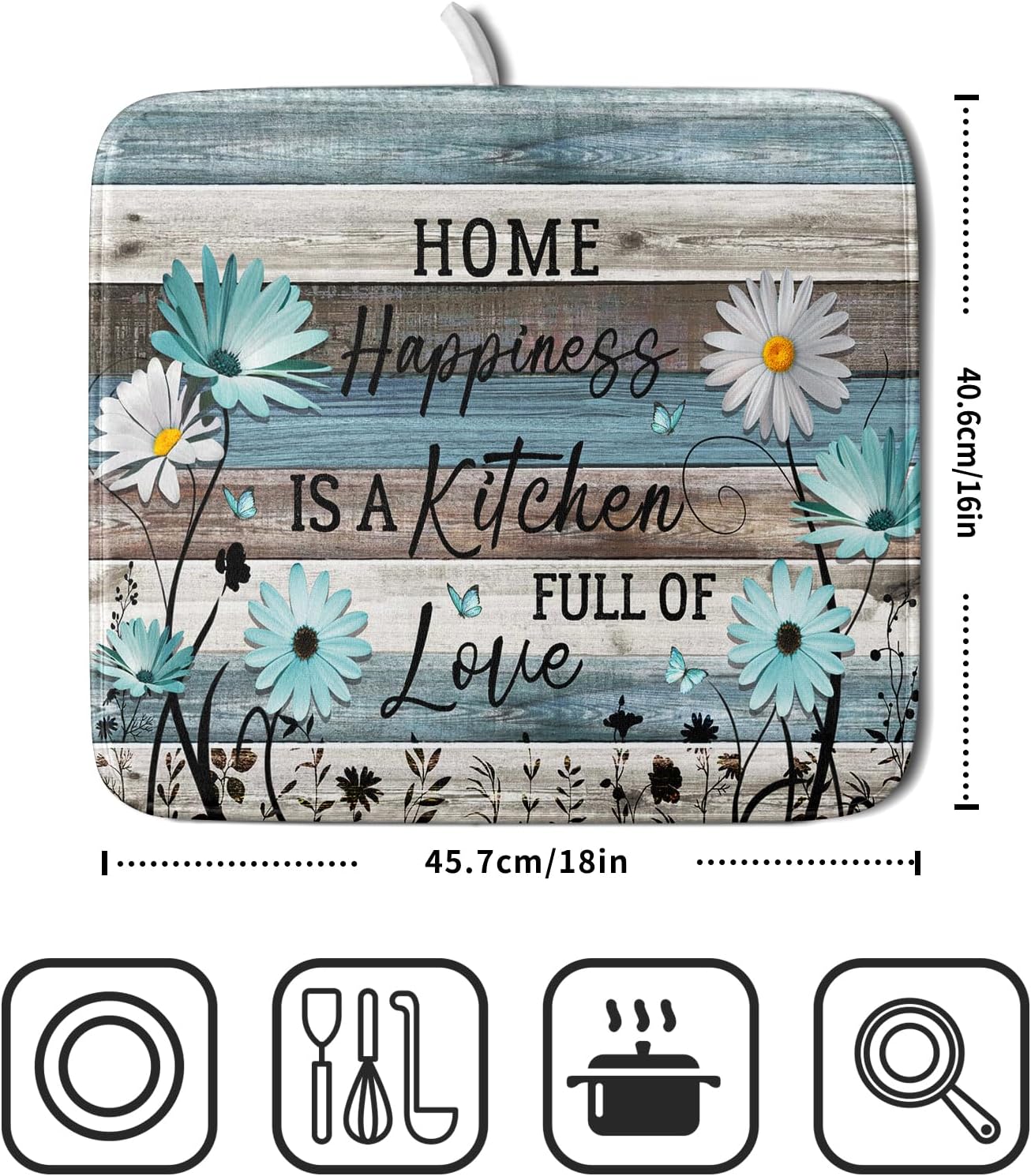 Daisy Floral Dish Drying Mat 16x18 Inches Rustic Wood Microfiber Absorbent Reversible Dish Draining Pad Fast Dry Kitchen Accessories