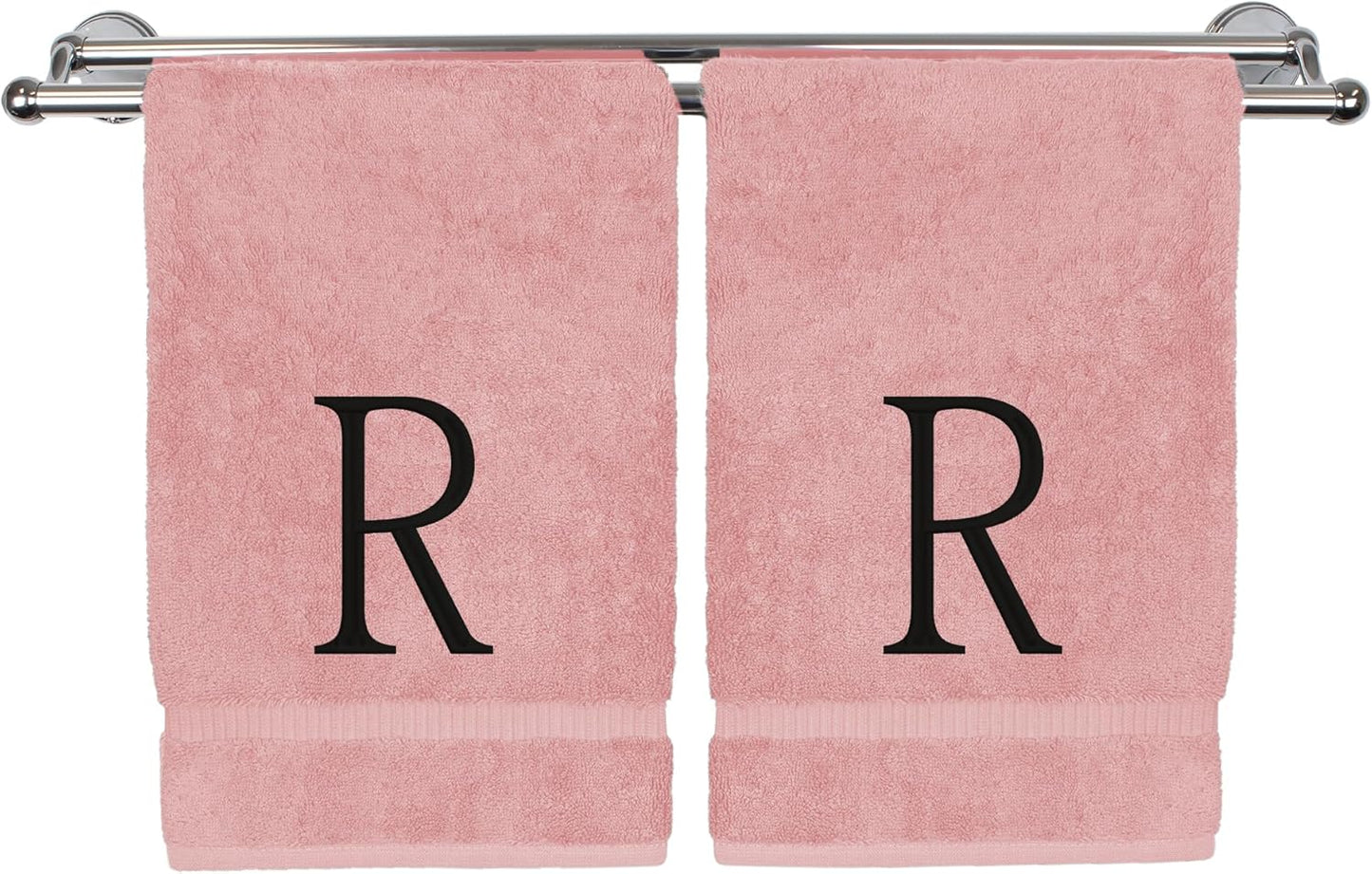 Monogrammed Hand Towel, Personalized Initial Gift, Extra Absorbent 100% Turkish Cotton - Soft Terry Finish - Set of 2 - Black Block Initial R - Embroidered on Pink Towels