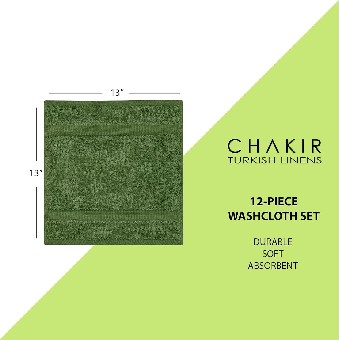 Chakir Turkish Linens | Hotel & Spa Quality 100% Cotton Premium Turkish Towels | Soft & Absorbent (12-Piece Washcloths, Moss)