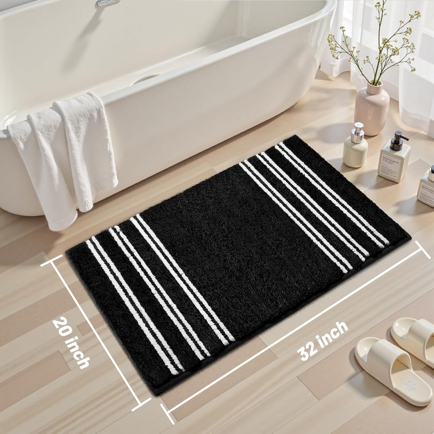 Bathroom Rugs 20x32 Extra Soft Absorbent Bath Mat Chenille Non Slip Shower Mat Rubber Backing Machine Washable Bath Mats for Bathroom Shaggy Black Bath Rugs for Tub, Hallway