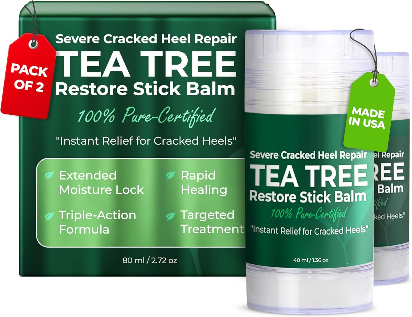 Foot Balm for Dry Cracked Feet | Foot Balm Stick for Dry Cracked Feet Tough Skin on The Heels and Intensely Moisturizing | No Mess Applicator | 2 Pack Stick