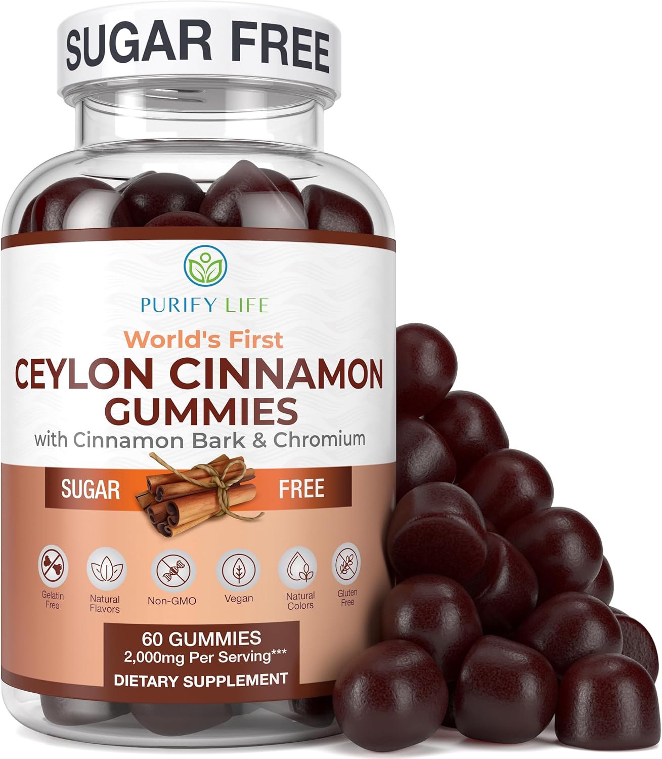 Purify Life Sugar-Free Ceylon Cinnamon Gummies (2,000mg/Serving) Ceylon Cinnamon Supplement for Brain Health, Vegan, Gluten-Free, Replace Ceylon Cinnamon Capsules, Pills, Powder, Extract (60 Chews)