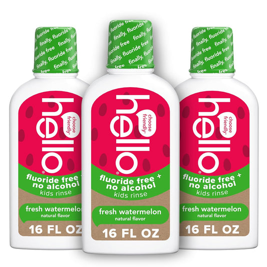 Hello Natural Watermelon Flavor Kids Fluoride Free Rinse, Alcohol Free, Vegan, SLS Free, Mouthwash for Kids Age 6 and Up, 16 Fl Oz (Pack of 3)