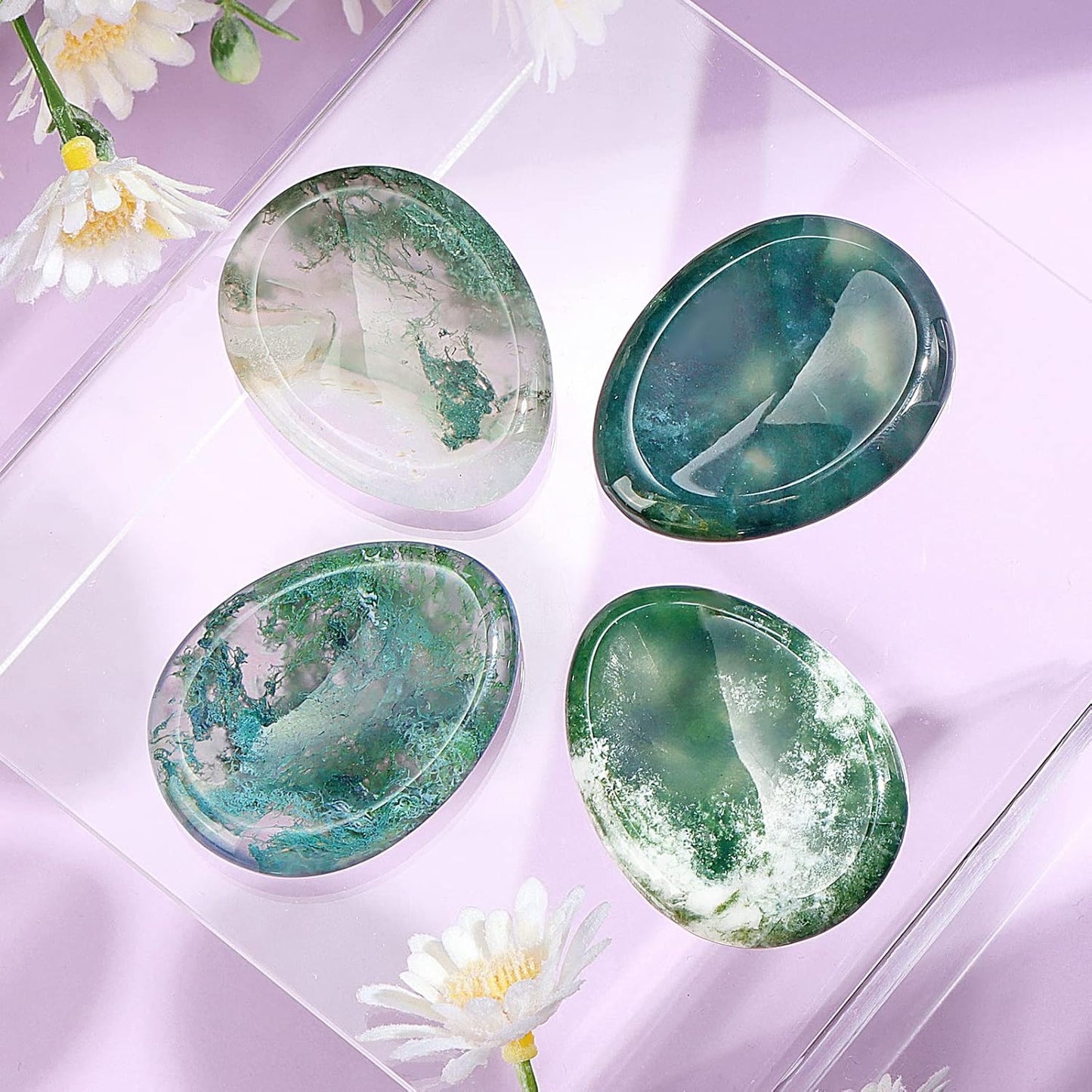 Artistone Moss Agate Crystal Chakra Thumb Worry Stone Teardrop Reiki Healing Stone Pocket Palm Stones for Anxiety Stress Relief Meditation Therapy Geometry Home Decor