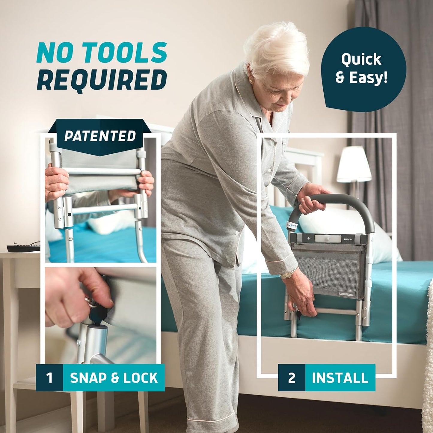 Lunderg Bed Assist Rail for Seniors with Motion-Activated Light & Storage Pocket - Easy to Install Bed Rails for Elderly Adults Safety & Post-Surgery - Helps Reduce Falls & Support Independence