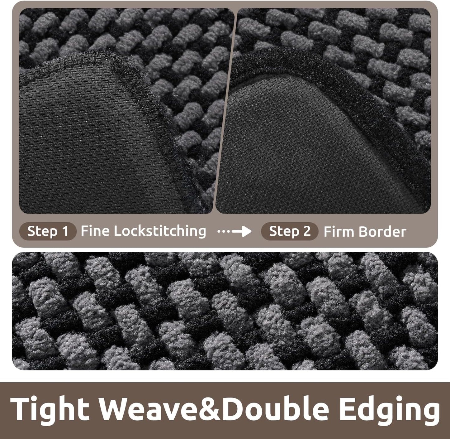 AMOAMI Chenille Bath Mat Super Absorbent Bathroom Mat Quick Dry Bath Mats for Bathroom Rubber Backed Bathroom Rugs Non Slip Washable Fit Under Door, Front of Bathtub, Sink, Darkgrey&Black 20"x32"