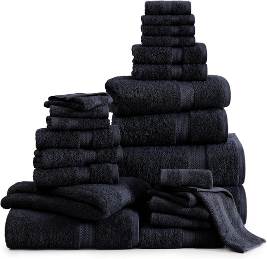 LANE LINEN 100% Cotton Bathroom Towel Set - 24 Pcs, Hotel Quality - Super Soft & Highly Absorbent - Ring Spun - 2 Bath Sheets, 4 Fingertip, 4 Bath, 6 Hand Towels, 8 Washcloths - Family Pack - Black