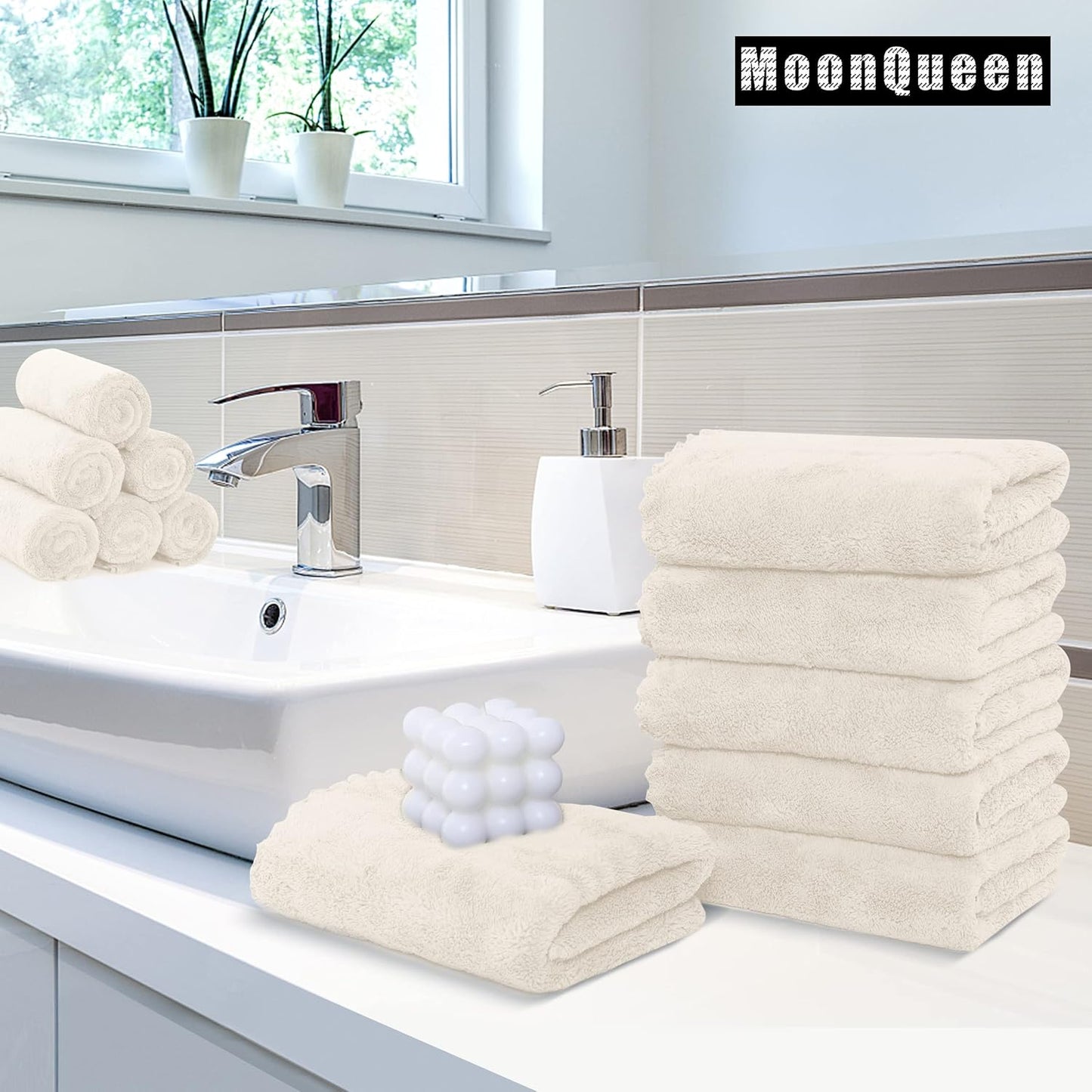 MOONQUEEN 18 Pack Premium Hand Towels - Quick Drying - Microfiber Coral Velvet Highly Absorbent Towels - Multipurpose Use as Hotel, Bathroom, Shower, Spa, Hand Towel 16 x 28 inches (Cream)