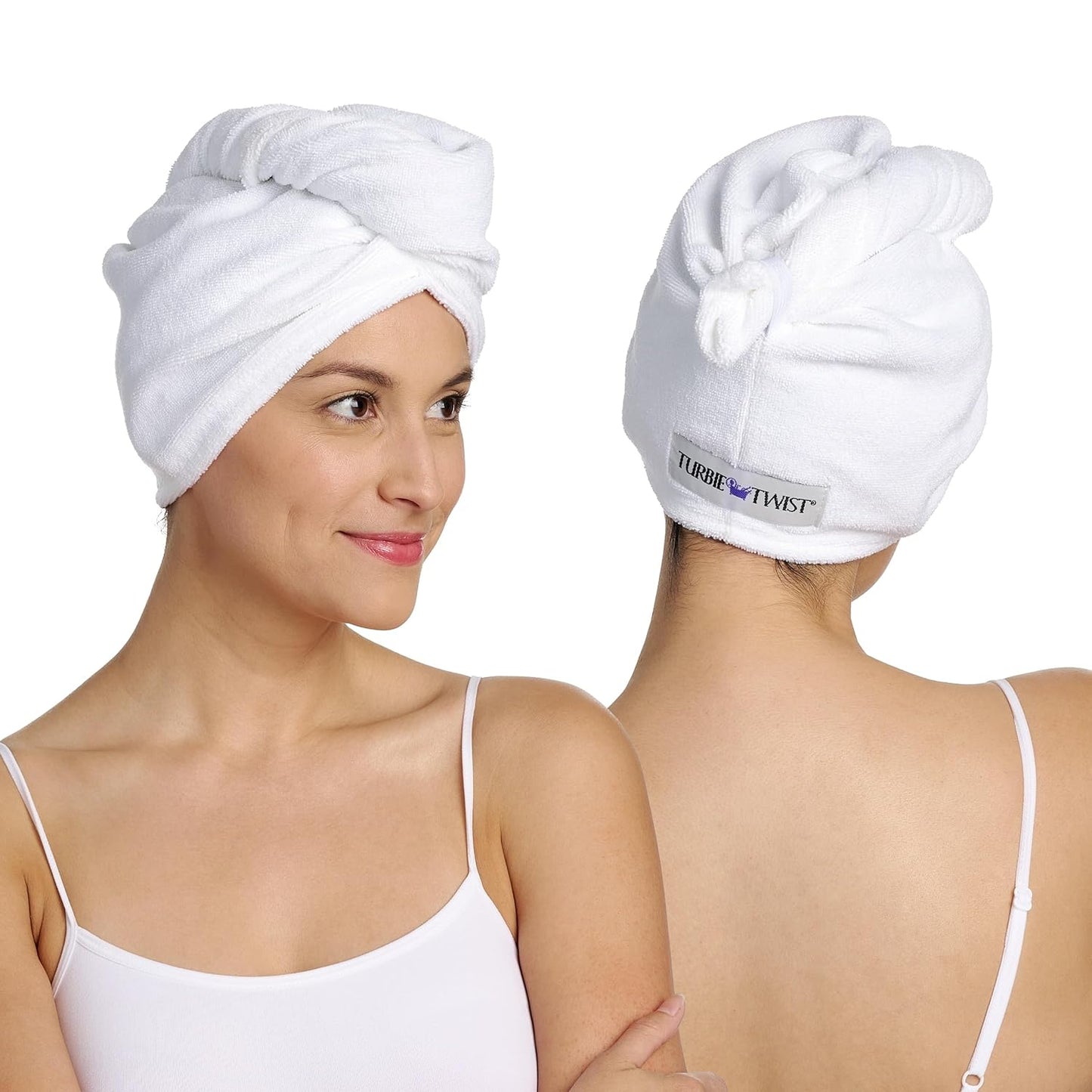 Turbie Twist 2-Pack Microfiber Hair Towel for Beauty, Travel, Gifting - Hair Wrap Turban for Straight, Wavy & Curly Hair - Premium Personal Care - White & White