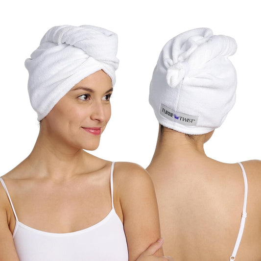 Turbie Twist 2-Pack Microfiber Hair Towel for Beauty, Travel, Gifting - Hair Wrap Turban for Straight, Wavy & Curly Hair - Premium Personal Care - White & White