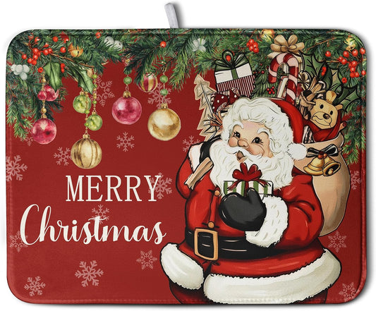 Merry Christmas Dish Drying Mat Santa Claus Kitchen Drainer Mats Microfiber Absorbent Winter Xmas Holiday Dishes Pad Reusable Dish Rack Mat for Countertop Tableware Decor 18x24 Inch