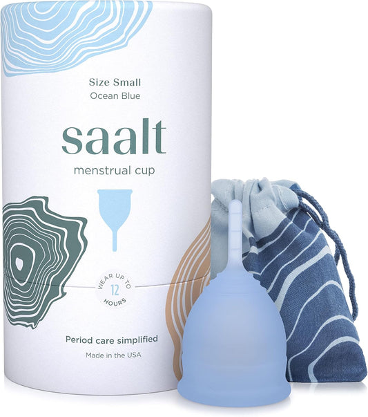Saalt Menstrual Cup – Reusable Period Cup – Made for Comfortable, Leak-Free Protection Up to 12 Hours – BPA & Latex Free – Includes Cup & Carry Bag (Small, Ocean Blue)