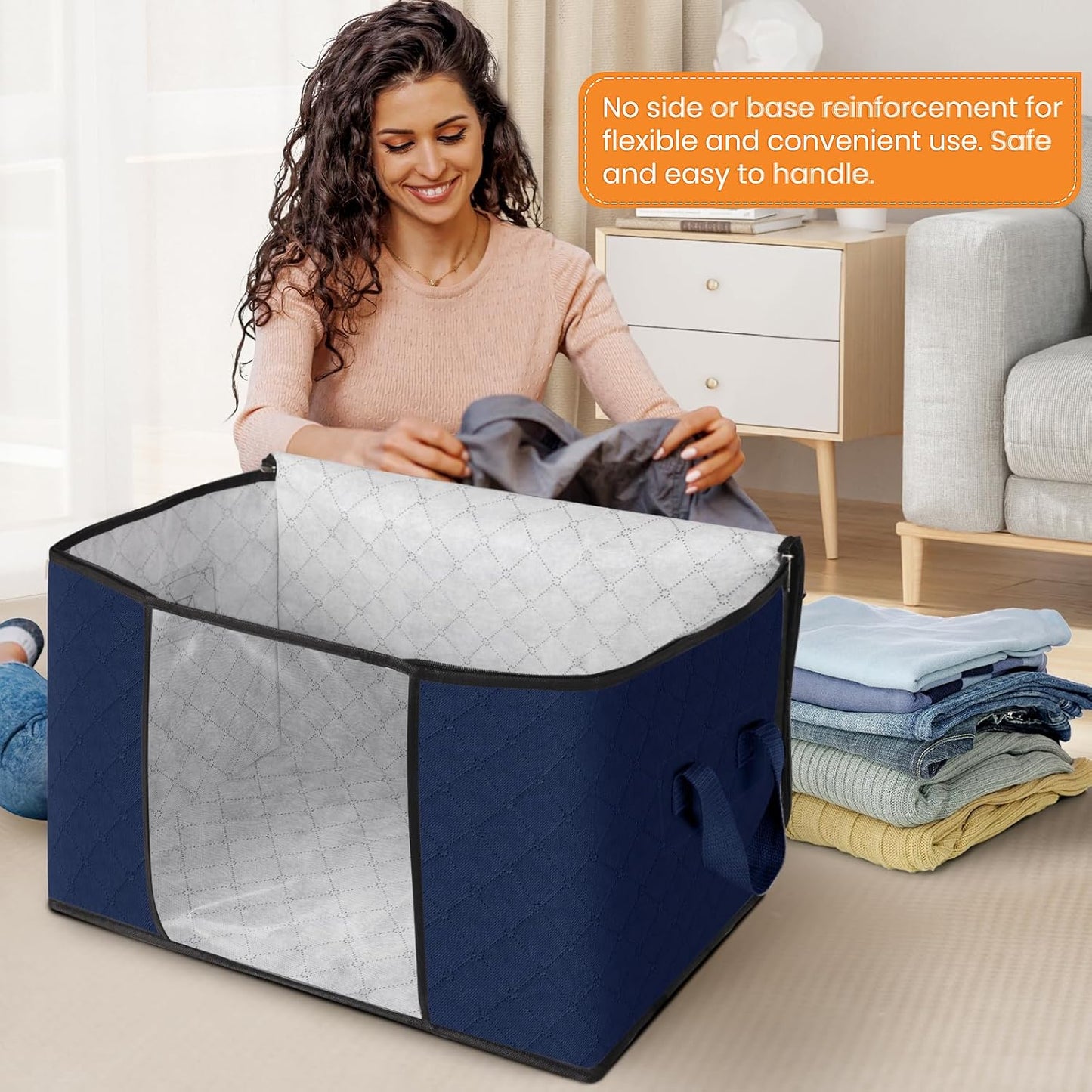 Fab totes 24 Gallons Clothes Storage, Foldable Thick Fabric Blanket Storage Bags, Containers for Organizing Bedroom, Closet, Clothing, Comforter, Organization with Handle (3 Pack,Blue)