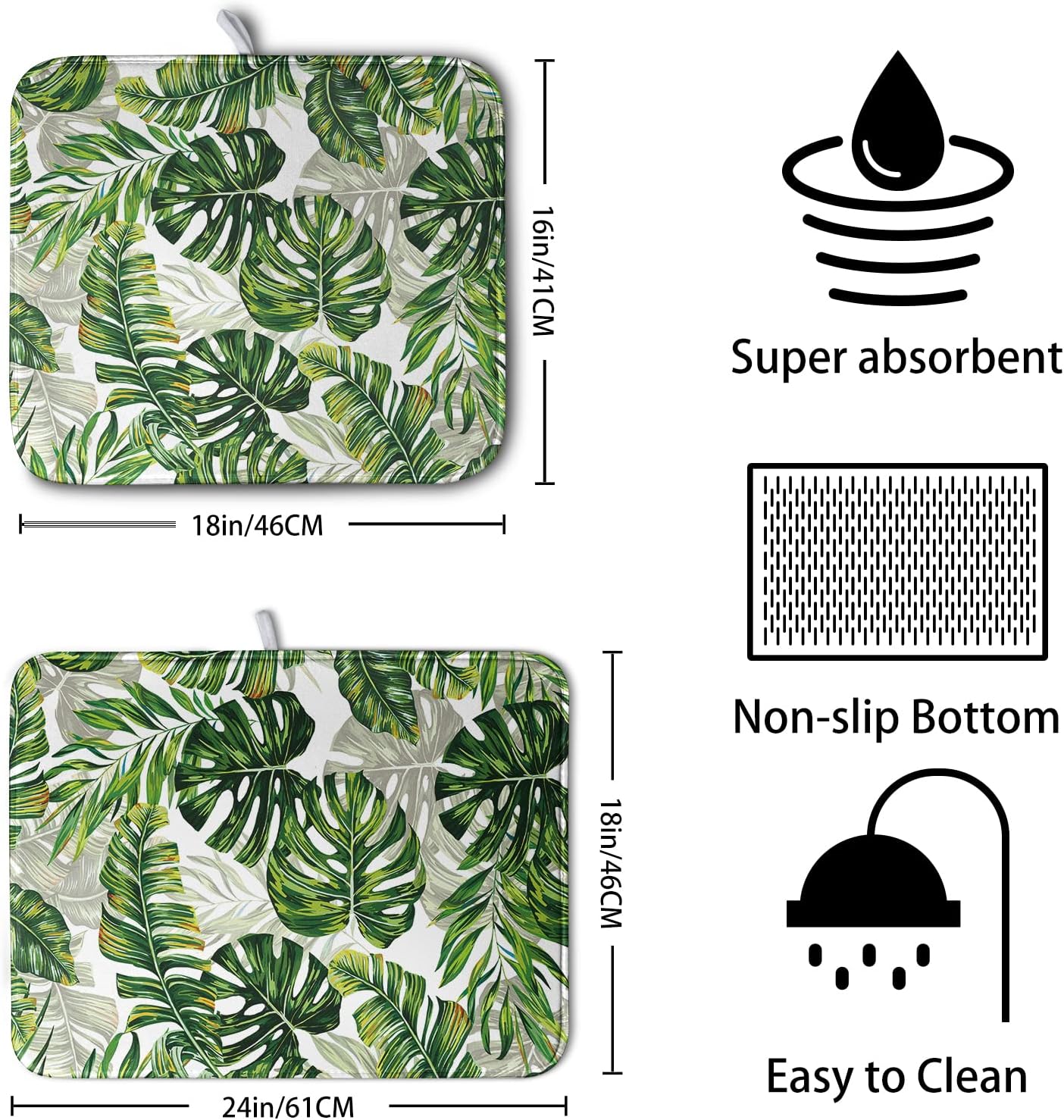 Tropical Palm Leaves Dish Drying Mat for Kitchen Counter 18x24 Inch, Green Monstera Kitchen Drying Mat,Watercolor Herbs Dishes Pad Dish Drainer Rack Mats Absorbent Fast Dry Kitchen Accessories