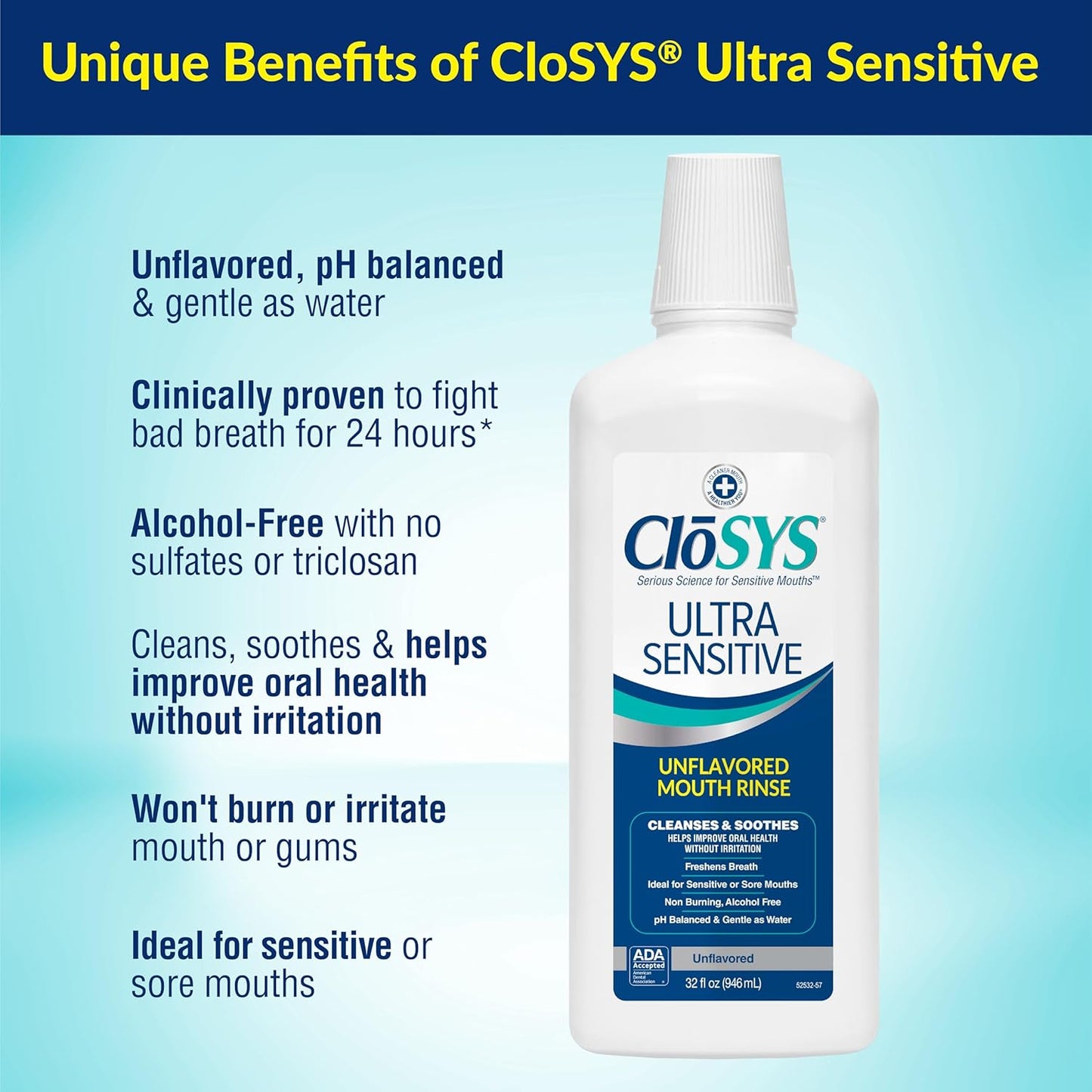 CloSYS Ultra Sensitive Mouthwash, Unflavored Alcohol Free, Dye Free, pH Balanced, Helps Soothe Entire Mouth - 32 Oz (Pack of 3)