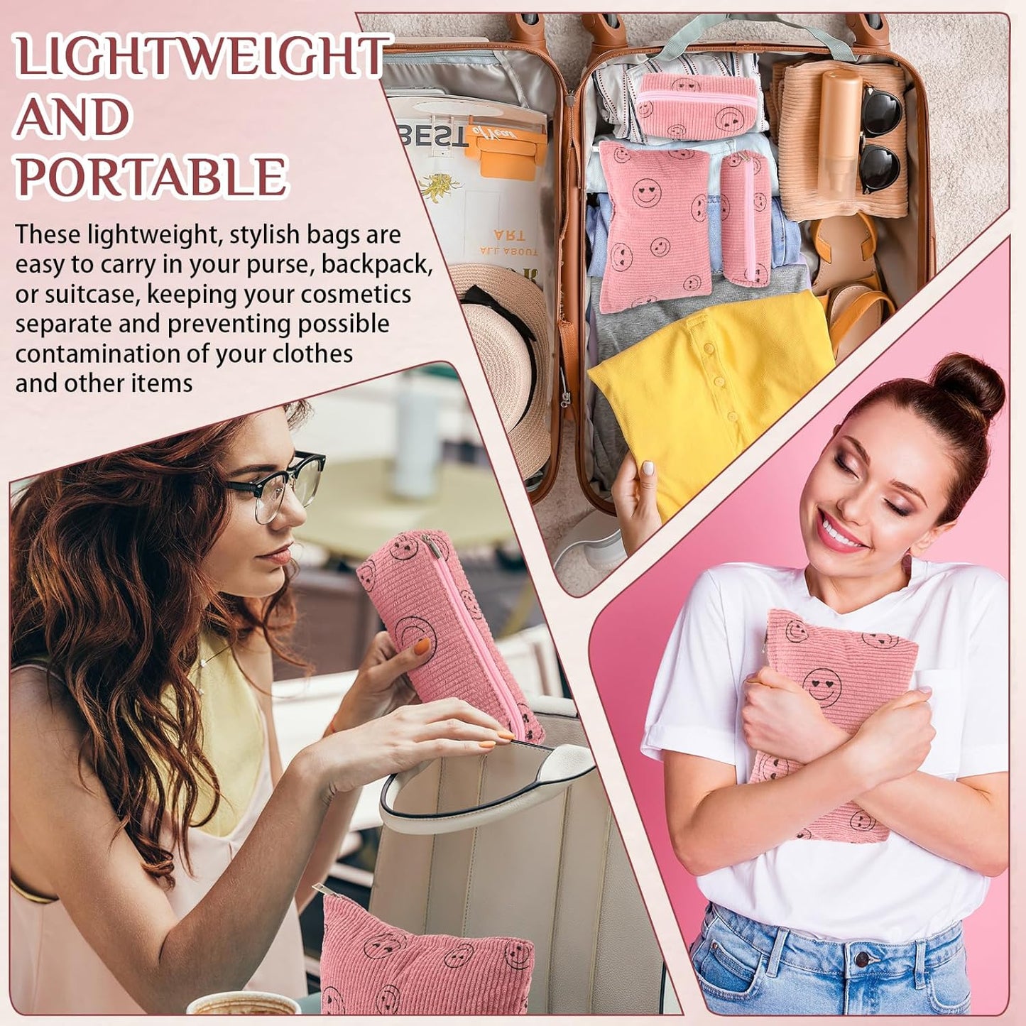 3 Pcs Makeup Bag Set for Women Corduroy Cosmetic Pouch Aesthetic Smile Travel Toiletry Bag Cute Purse Pouch Pencil Case Makeup Brushes Storage Organizer for Christmas(Pink,Smile Face)